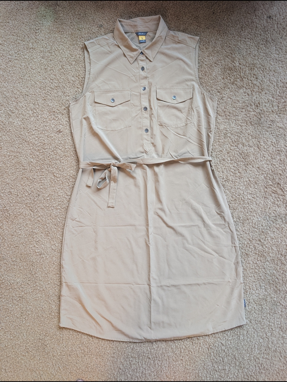 Eddie Bauer Travex Sleeveless Shirt Dress with Tie Waist - Beige, Size medium
